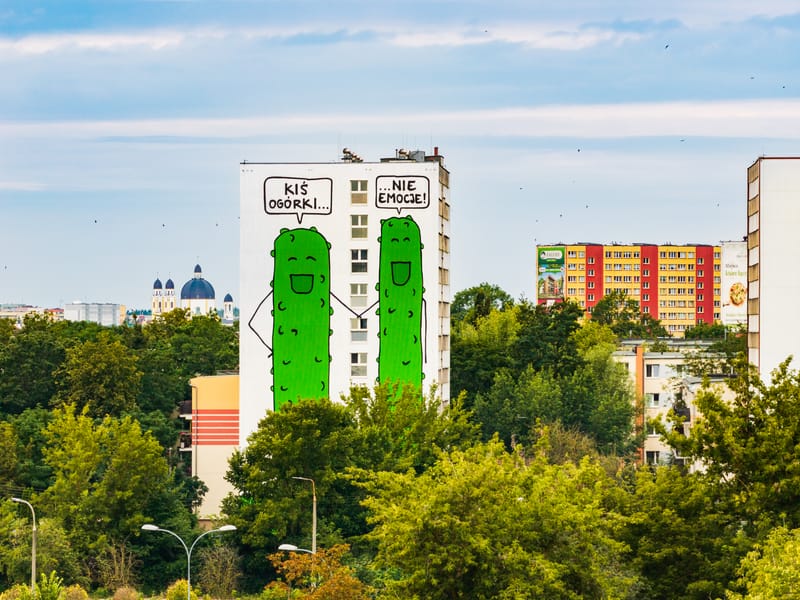 Mural „Kiś ogórki, nie emocje” na ścianie Domu Studenta w Białymstoku